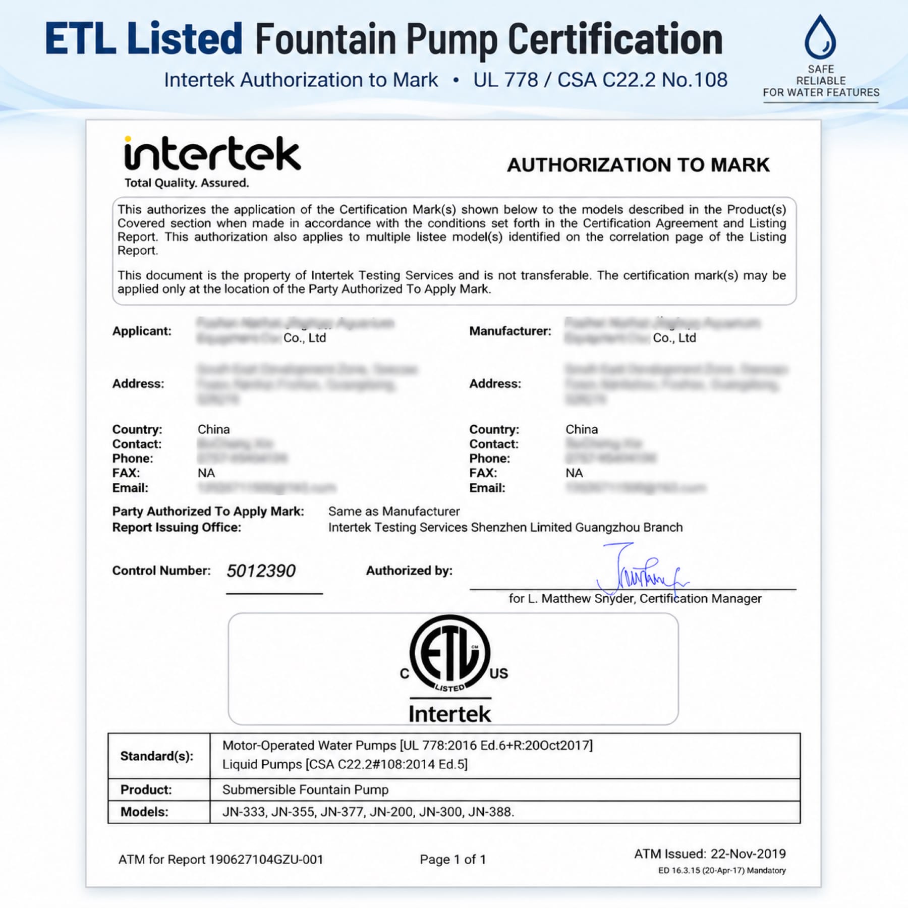Intertek ETL authorization for listed submersible fountain pump models used in water fountains