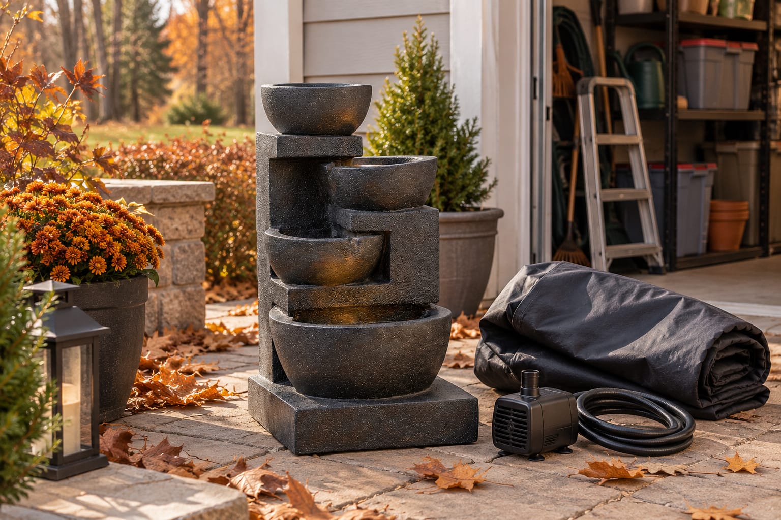 Outdoor water fountain being prepared for winter before freezing weather