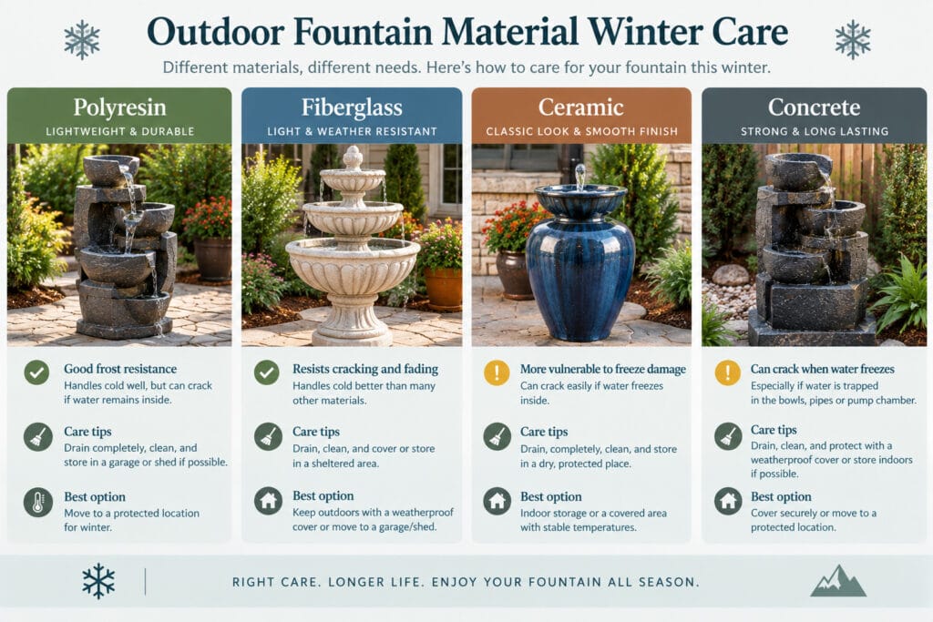 Outdoor fountain spring restart checklist showing pump reconnection, filling, startup, and leak check