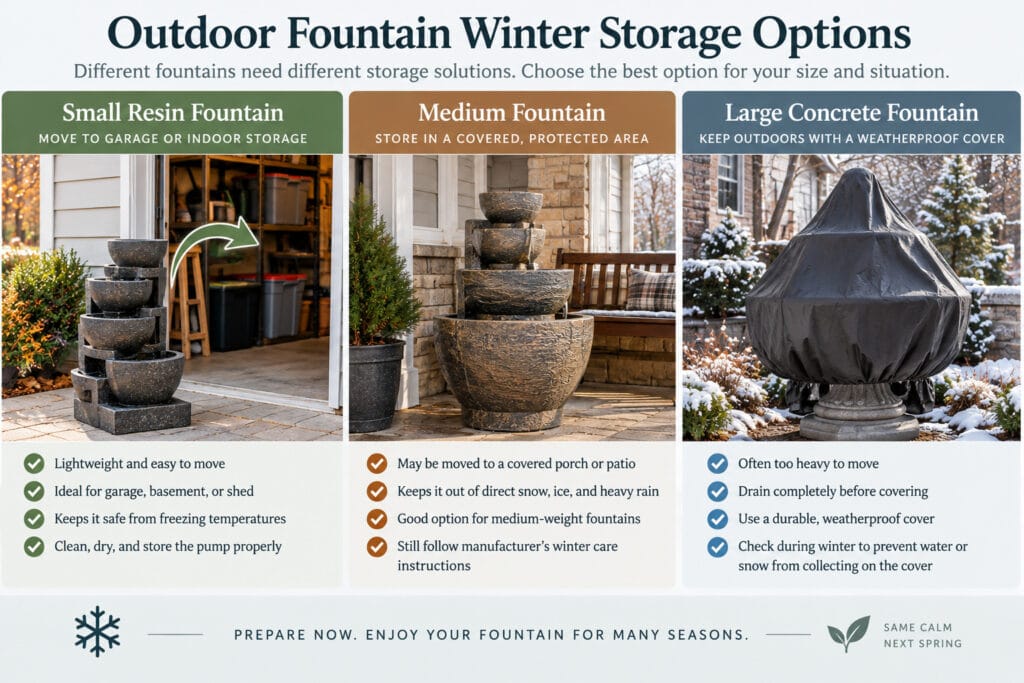 Winter storage options for small resin, medium, and large concrete outdoor fountains