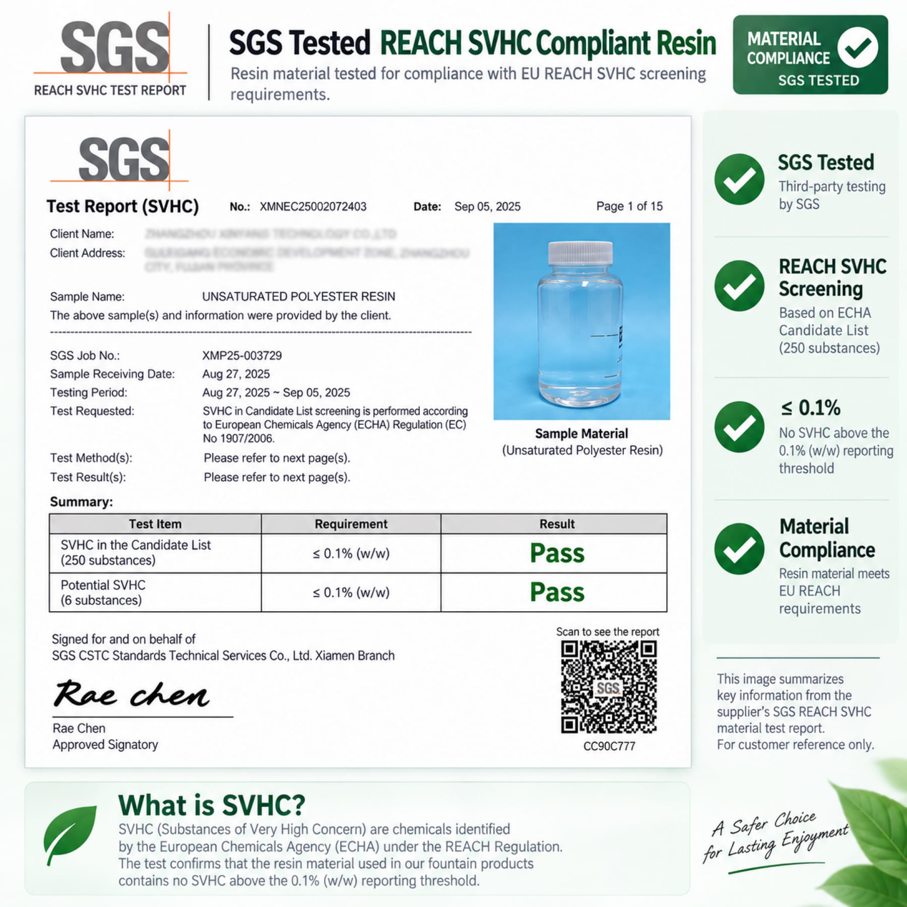 SGS-tested resin material compliant with EU REACH SVHC requirements for fountain products