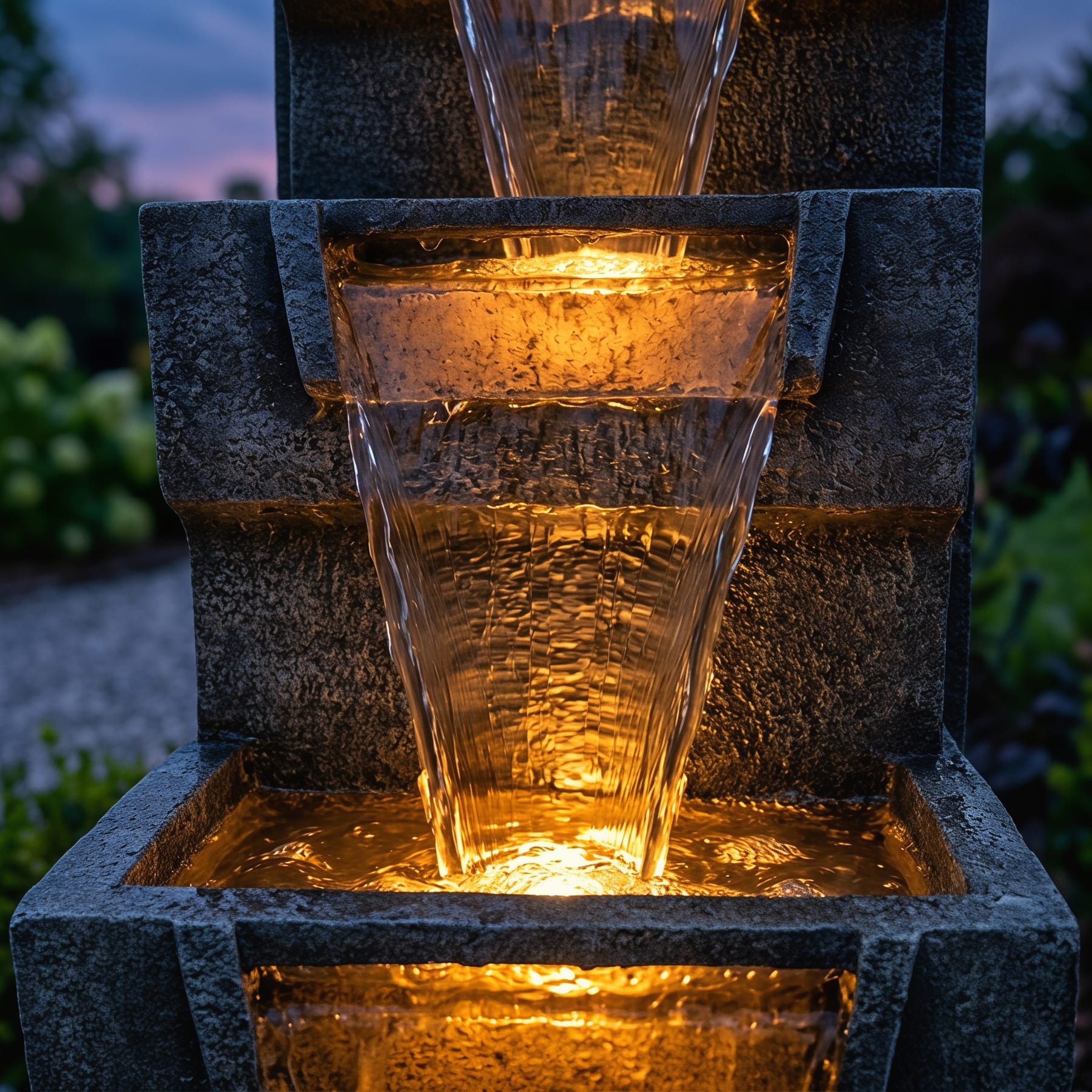 close-up of cascading water flow on a tall 4-tier waterfall fountain with warm LED lights