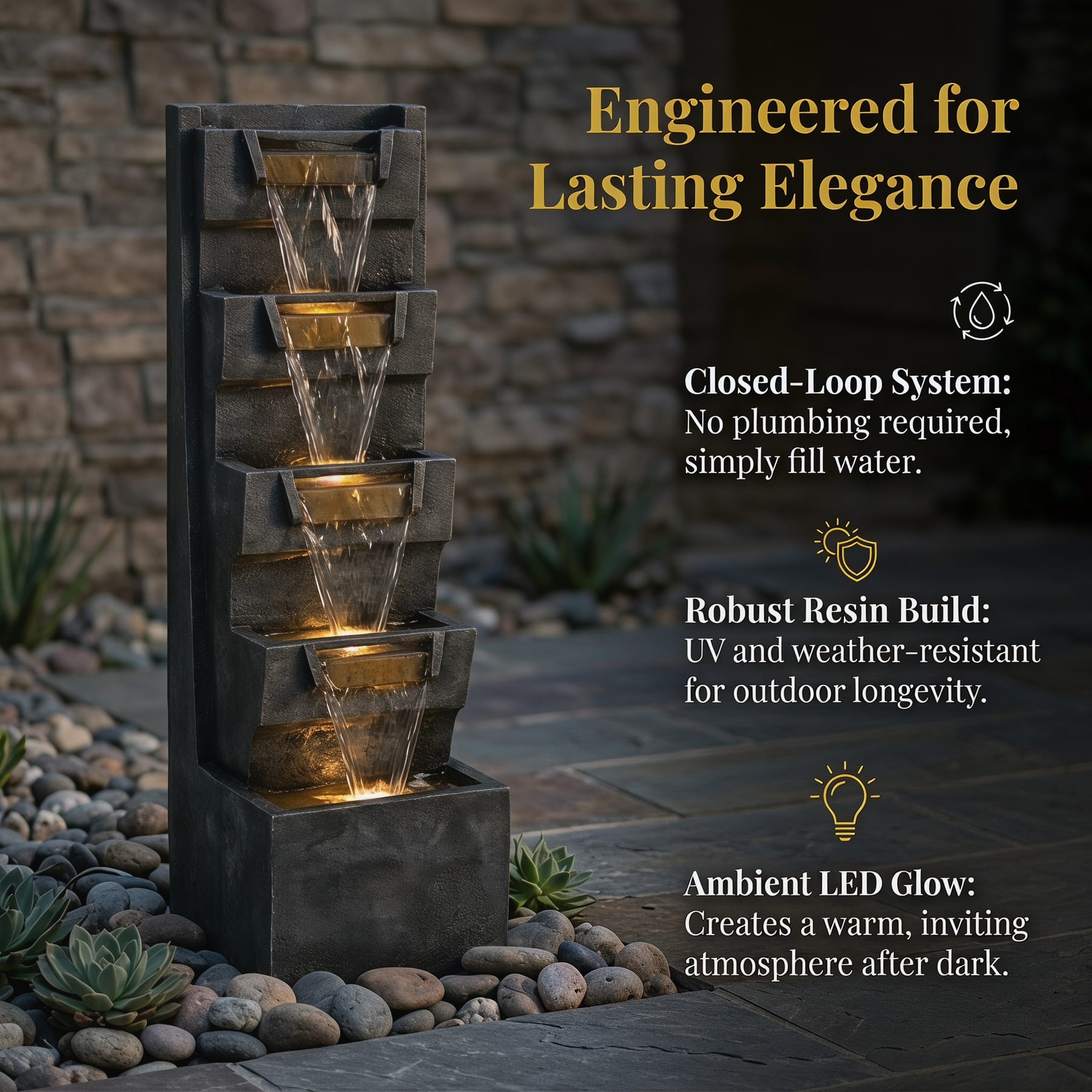 Tall 4-tier outdoor waterfall fountain featuring warm LED lights, durable resin construction, and a self-contained recirculating water system