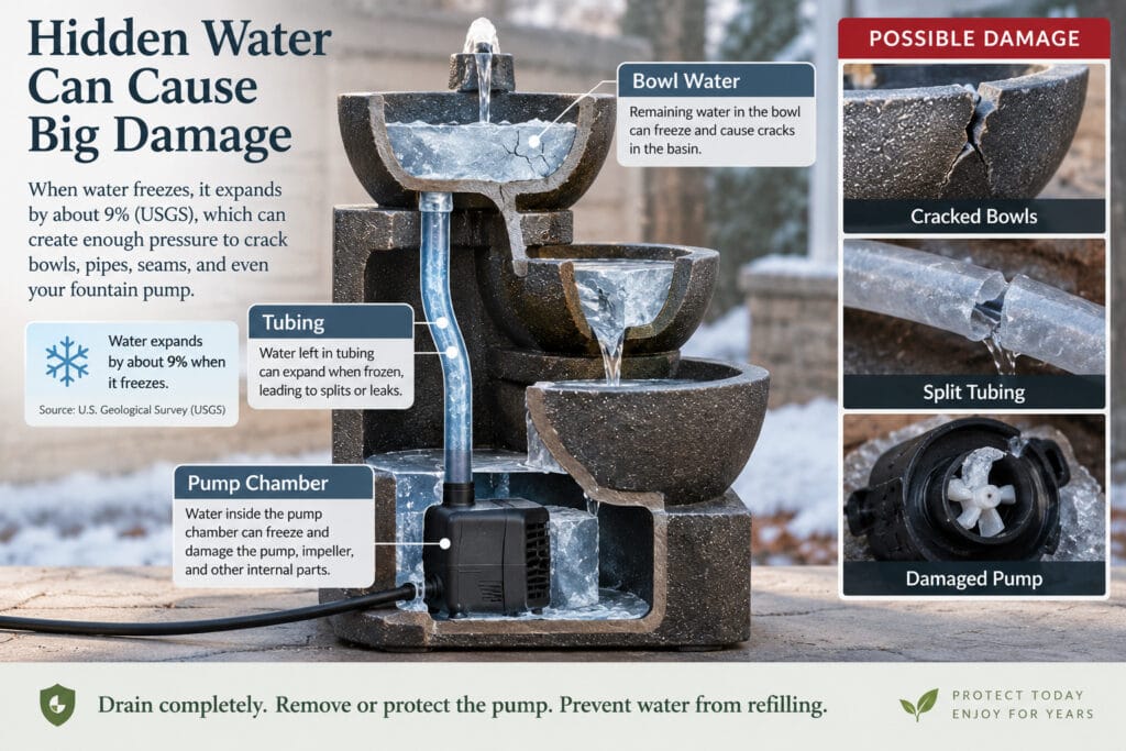 Diagram showing freezing water trapped in an outdoor fountain bowl, tubing, and pump chamber