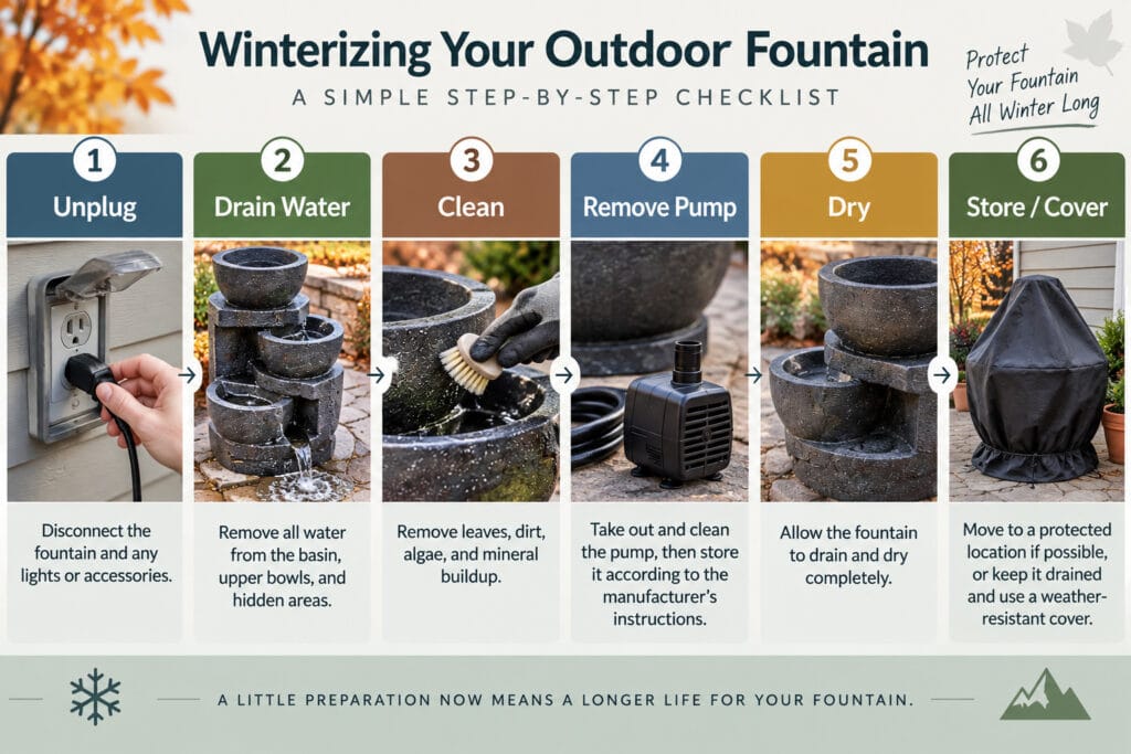 Outdoor fountain winterizing checklist showing unplug, drain, clean, remove pump, dry, and cover steps